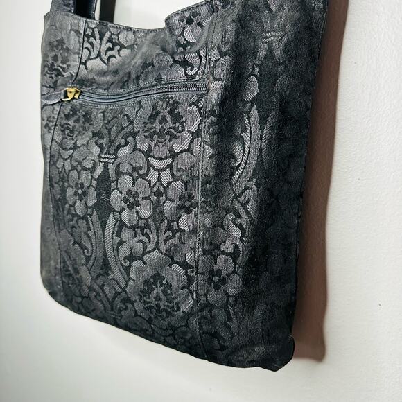 Genuine Leather Gold Zip Black Floral Design Crossbody Strap Bag - Picture 11 of 13